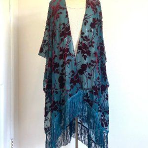 Gorgeous Teal Blue Burn out Burgundy Velvet fringed Kimono, fringed
